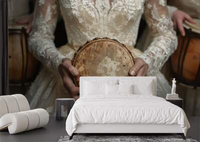 Old tambourine or drum in hands of bride an ethnic boho wedding. Generative AI Wall mural