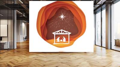 Birth of Christ. Baby Jesus in the manger. Holy Family. Magi. S Star of Bethlehem - east comet. Nativity Christmas graphics design in paper cut style. Vector Wall mural