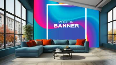 Liquid Poster. Bright Colorful Wave Smoke Shapes with Square frame. Space for text. Abstract Colorful Dynamic Effect on blue. Modern Template Banner. Wall mural