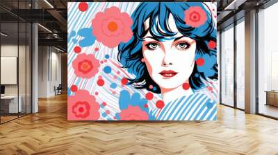 Pop Art fashion woman with blue hair and flowers, flower background, happy day pop art. Comic woman comic style. Wall mural