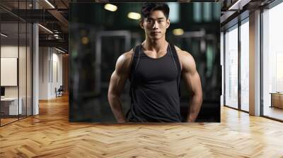 Portrait of an asian sport man in dark gym. smiling man in practice room. active korean man in sportswear Wall mural