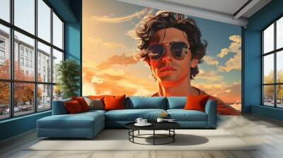 Professional surfer riding waves. man catching waves in ocean Surfing action water board sport. Water sport. Beach swimming activity on summer vacation. extreme sport. surfing at sunset time Wall mural