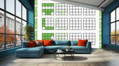 Repeat green pattern. Cube grid with squares. Special for preschool kids. Worksheet for practicing fine motor skills. Improving skills tasks. A4. Snap game. 4x4. Wall mural