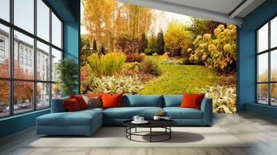 beautiful autumn garden view with curvy lawn pathway. Private natural country garden in october Wall mural