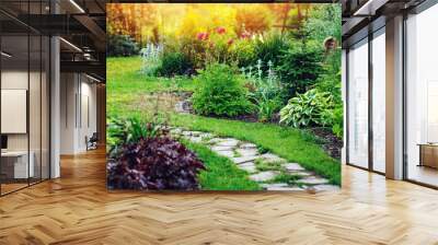 beautiful summer cottage garden view with stone pathway and blooming perennials Wall mural