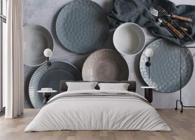 modern dishware collection in rustic grey and beige tones. Trendy ceramic plates. Wall mural