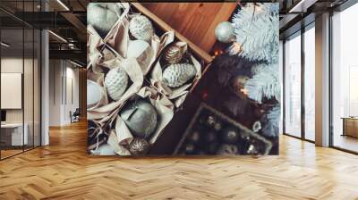 white and silver Christmas decorations in box, celebrating New Year 2017 at home Wall mural