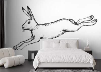 Vector hand drawn illustration of jumping hare in engraving style. Sketch of running forest animal isolated on white. Wall mural