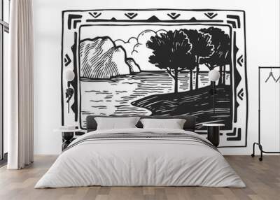 Vector hand drawn illustration with lake coast. Sketch of landscape with mountains and water. Wall mural