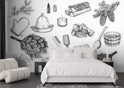 Vector hand-drawn set of bathroom accessories. Collection of black and white sketches with hat, firewood, basin, stones and other objects for Russian bathhouse or Finnish sauna. Wall mural