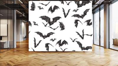 Vector seamless pattern with flock of bats isolated on white. Hand drawn texture with symbol of All Saints Day. Halloween background Wall mural