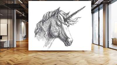 Vector vintage illustration of unicorn in engraving style. Hand drawn portrait of magic animal isolated on white. Fantasy character sketch Wall mural