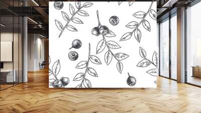 Vector vintage seamless floral pattern with blueberry isolated on white. Hand drawn botanical texture with forest berries in engraving style Wall mural