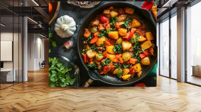 A frying pan with a colorful vegetable stew containing potatoes, tomatoes, and bell peppers, garnished with parsley Wall mural