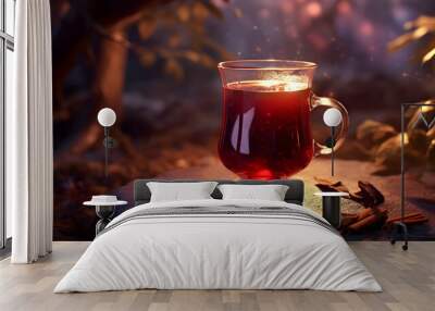 A glass mug of traditional christmas alcohol drink - mulled wine with cinnamon, anise and oranges Wall mural