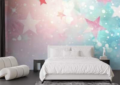 Abstract background with colorful star shapes and bokeh lights, creating a whimsical and festive holiday scene. Wall mural