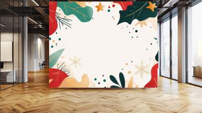 Abstract Christmas illustration with festive green and red leaves, golden stars, and ornaments, forming a holiday border on white background. Wall mural