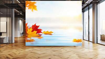 Autumn leaves falling onto a tranquil water surface with a blurred background. The warm colors of the leaves create a serene and peaceful autumnal scene. Wall mural