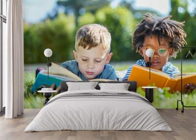 Back to school concept. Photo of a diverse group of children sitting on grass outdoors, reading books together, showcasing a multicultural and educational environment. Wall mural