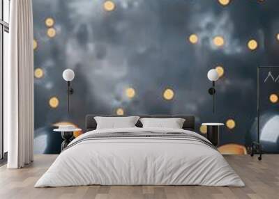 Black gift box with gold ribbons and floating golden balloons, set against a glittery bokeh background. Luxurious celebration concept. Wall mural