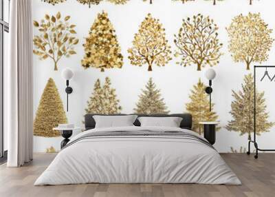 Collection of golden decorative trees with varying shapes and styles, perfect for holiday and festive designs. Isolated on white background.
 Wall mural