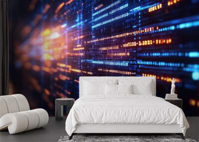 Digital data stream with glowing binary code in blue and orange colors, creating a sense of fast-paced technology. Concept: Data transmission and coding. Wall mural