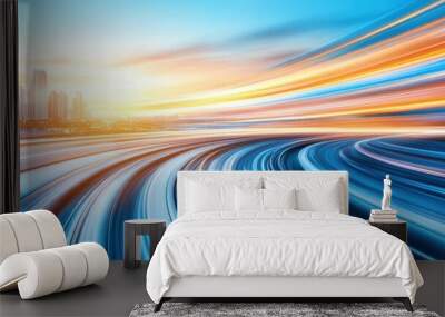 Dynamic cityscape with blurred lights and speed lines, creating a futuristic and high-energy urban scene. Wall mural