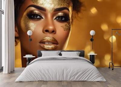 Fashion art beauty portrait of an african girl with golden makeup Wall mural