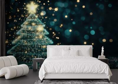 Futuristic digital Christmas tree glowing with neon blue lights, blending technology with holiday spirit. Wall mural