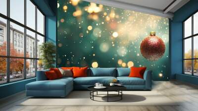 Hanging red and gold Christmas ornaments with gold stars and confetti scattered on a green background, creating a festive scene. Wall mural