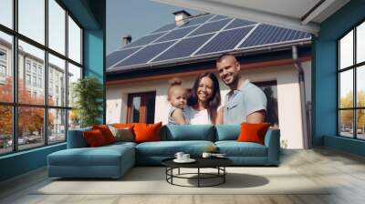 Happy mix race family in front of their smart house with solar panels, ai generated Wall mural