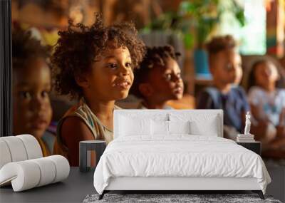 Heartwarming photo of children learning about Juneteenth through storytelling, focused attention and curiosity, intimate indoor setting, soft lighting Wall mural