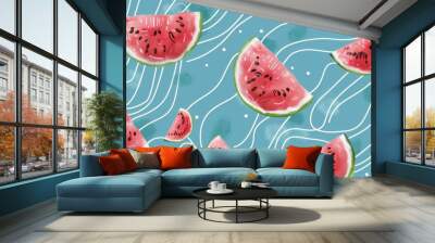 Illustrated seamless pattern of watermelon slices on a wavy, blue background. Perfect for playful, vibrant, and summer-themed designs. Wall mural