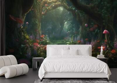 Magical fantasy wood, large treest and dark colors, ai generated Wall mural