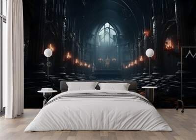 Majestic gothic dark fantasy castle hall with throne and torches, perfect for fantasy settings Wall mural