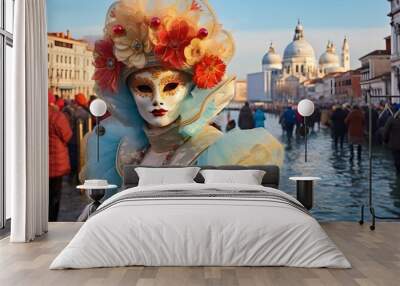 Masked performer at Venice Carnival, ornate costume, Italian tradition, festive masquerade, cultural heritage Wall mural