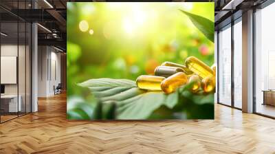 Medical pills, vitamins in colorful coating on green natural background, natural medicine concept Wall mural