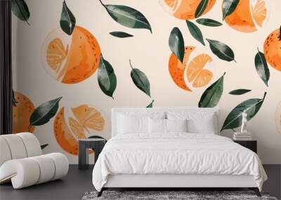 Playful oranges and leaves seamless pattern on a white background. Perfect for cheerful, citrus-inspired designs and lively branding. Wall mural