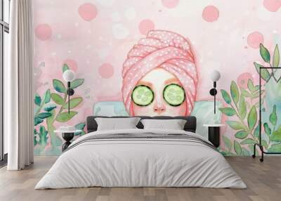 Playful watercolor illustration of a woman with a facial mask and cucumber slices, great for beauty and wellness blogs, articles, and promotions. Wall mural