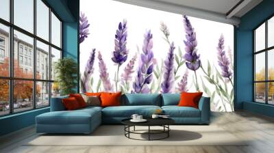 Seamless border of tender watercolor lavender flowers border on transparent background, AI generated Wall mural