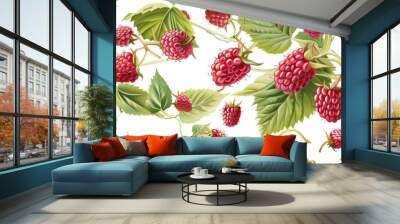 Seamless pattern of raspberries with leaves on a pink background. Perfect for bright, fresh, and playful summer designs. Wall mural