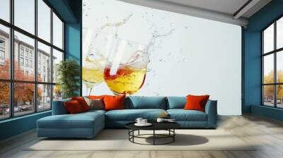 Two glasses with red and white wine drinks splashing, creating a dynamic and refreshing scene. Perfect for advertising or celebration themes. Wall mural