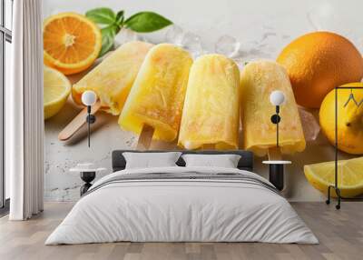 Vibrant yellow homemade popsicles with fresh citrus fruit, suitable for summer and food content. Wall mural