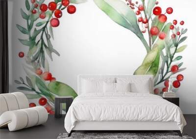 Watercolor christmas wreath decorated with baubles and stars on white background  Wall mural