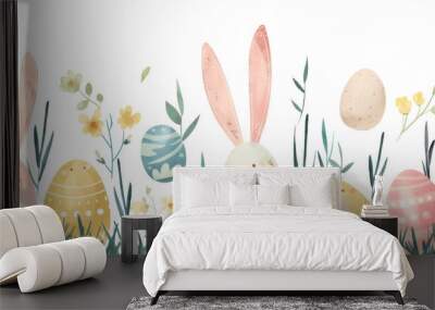 Watercolor illustration of colorful Easter eggs hidden in grass with bunny ears behind them, in pastel tones. Ideal for Easter greeting cards and holiday content. Wall mural