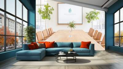 Wooden conference table in a sunlit meeting room with chairs, evoking a warm and collaborative work environment. Wall mural