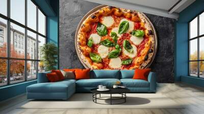 Authentic Italian Margherita Pizza with Fresh Basil Leaves and Melted Mozzarella Cheese on a Perfectly Baked Crust - Traditional Neapolitan Style with Crispy Edges and Classic Tomato Sauce Wall mural