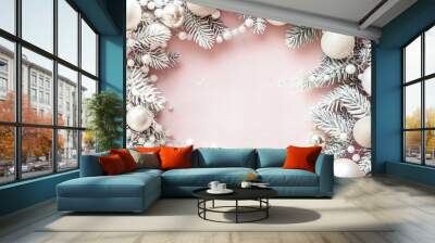 Elegant Pastel Christmas Background with White Ornaments, Silver Baubles, and Frosted Pine Branches Featuring Ample Copy Space for Festive Holiday Design Wall mural