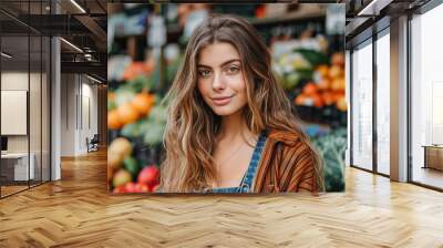 Smiling Woman at Farmers Market Stall Displaying Fresh Organic Produce Including Vegetables and Fruits in Vibrant and Healthy Outdoor Market Setting Wall mural