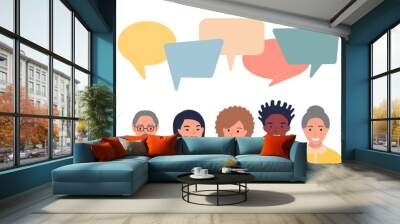 People avatars with speech bubbles. Men and woman communication, talking llustration. Coworkers, team, thinking, question, idea, brainstorm concept. Wall mural